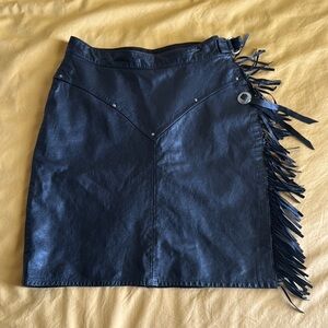 Vintage 80s Fringe Black Leather Wrap Skirt Western wear Motorcycle Biker Style